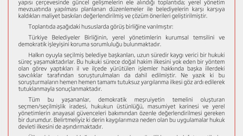 TÜRKİYE BELEDİYELER BİRLİĞİ ENCÜMENİ’NDEN AÇIKLAMA